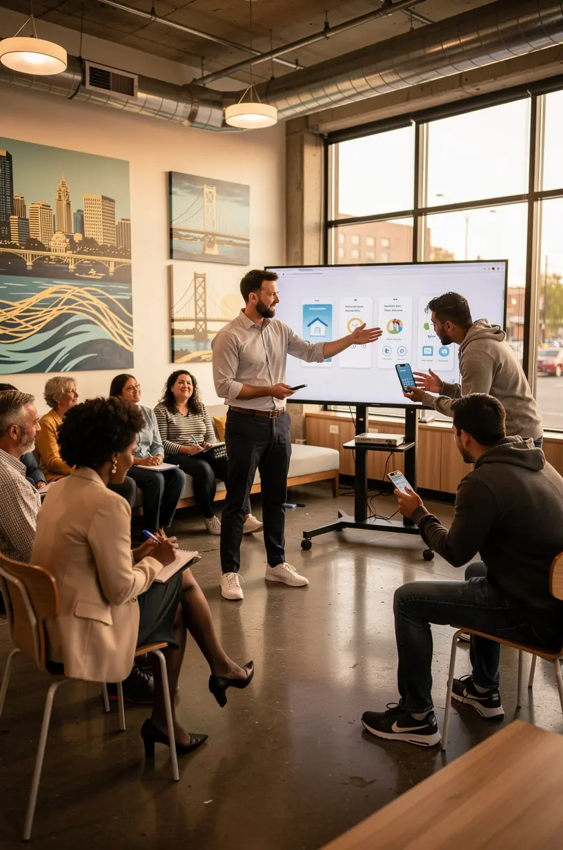 Community members collaborating on solar energy project in California.